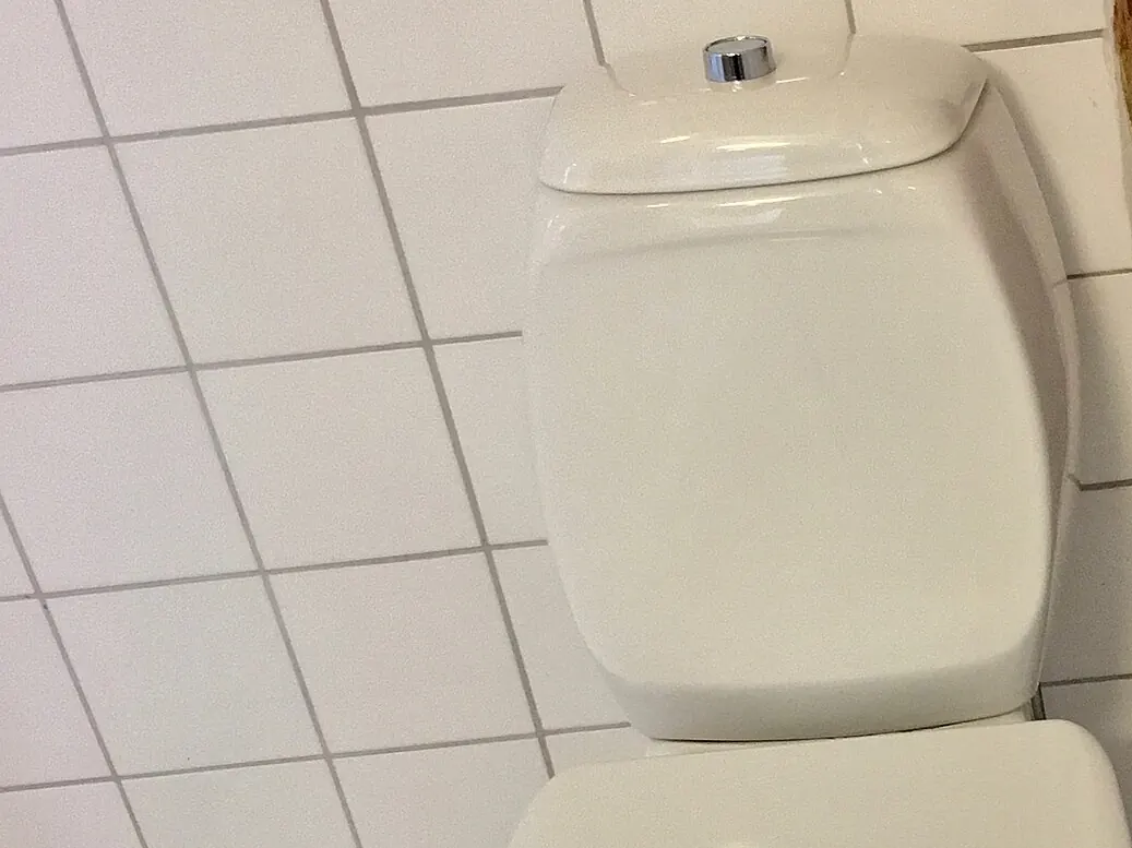 A white two-piece toilet against white wall tile, seen from above with the lid closed